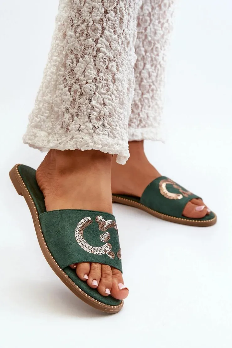 Damskie buty S.Barski Klapki Damskie Klasyczne*Damskie Płaskie Klapki Z Cekinami S.Barski KV27-052 Zielone Zielony