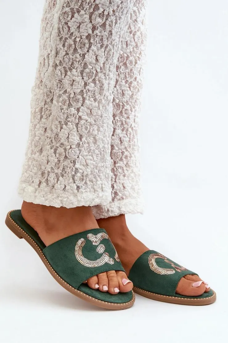 Damskie buty S.Barski Klapki Damskie Klasyczne*Damskie Płaskie Klapki Z Cekinami S.Barski KV27-052 Zielone Zielony