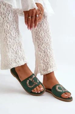 Damskie buty S.Barski Klapki Damskie Klasyczne*Damskie Płaskie Klapki Z Cekinami S.Barski KV27-052 Zielone Zielony