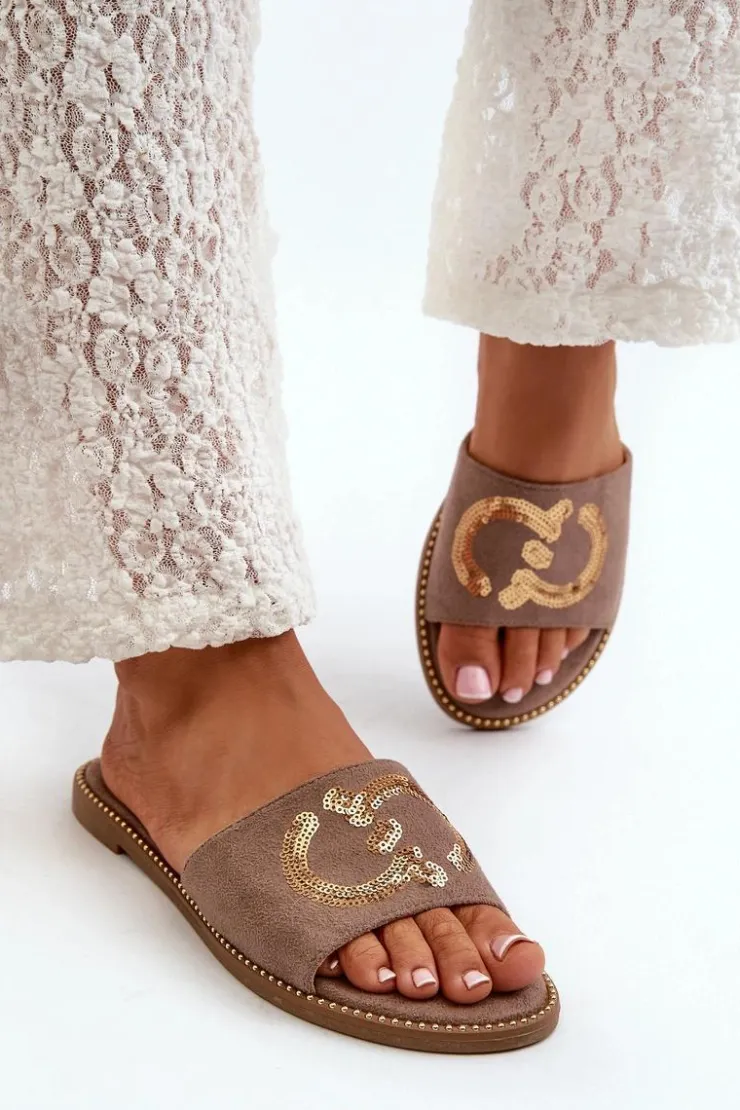 Damskie Damskie buty S.Barski Damskie Płaskie Klapki Z Cekinami S.Barski KV27-052 Brązowe