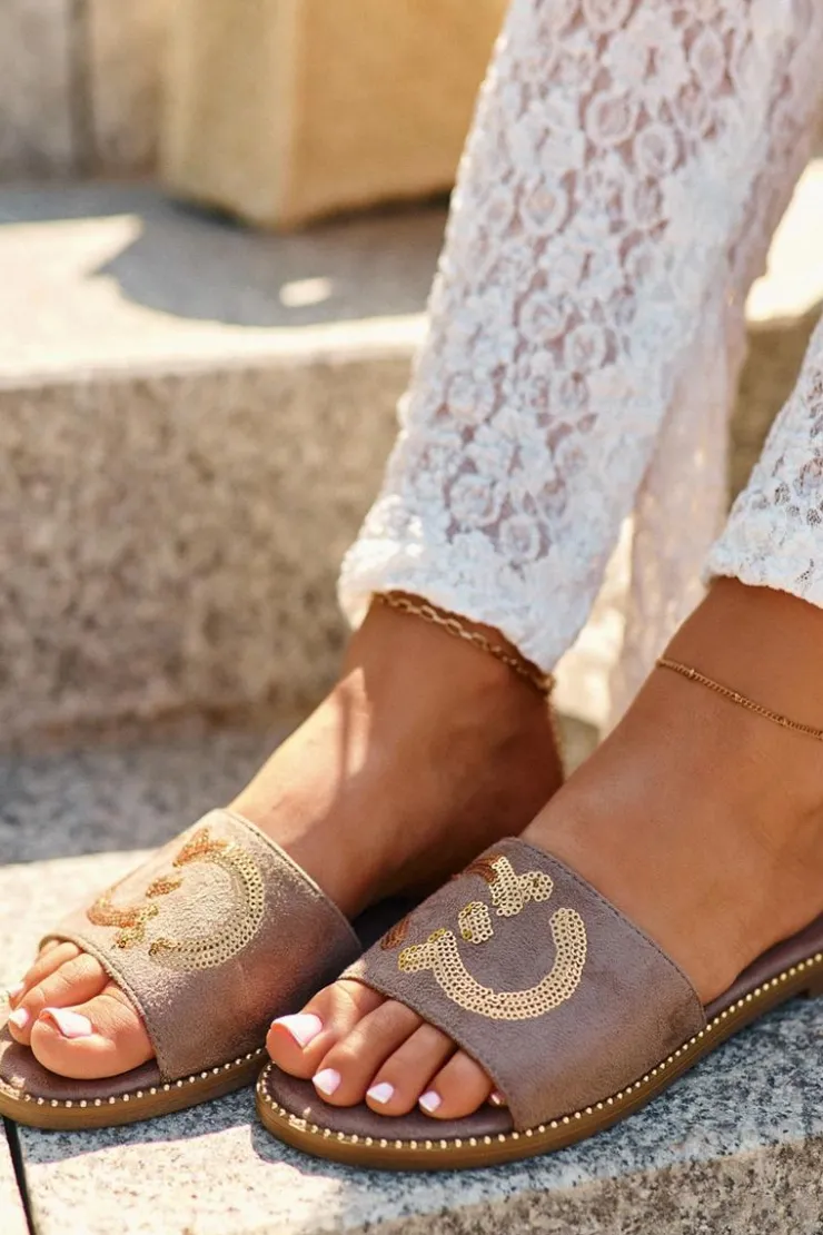 Damskie Damskie buty S.Barski Damskie Płaskie Klapki Z Cekinami S.Barski KV27-052 Brązowe