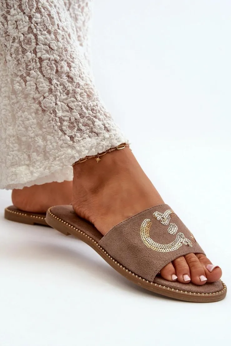 Damskie Damskie buty S.Barski Damskie Płaskie Klapki Z Cekinami S.Barski KV27-052 Brązowe