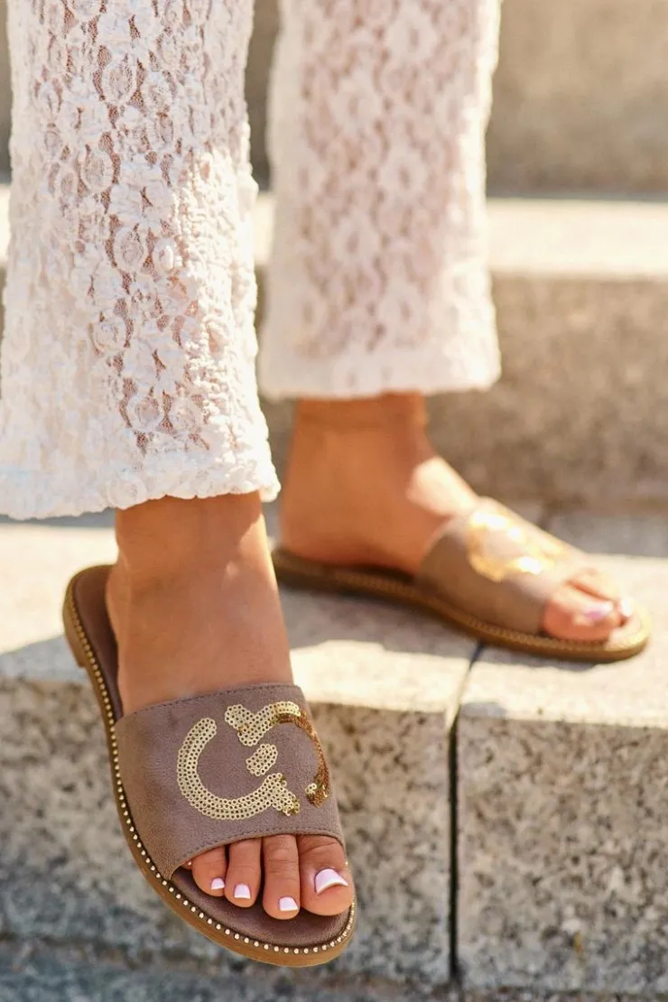 Damskie Damskie buty S.Barski Damskie Płaskie Klapki Z Cekinami S.Barski KV27-052 Brązowe