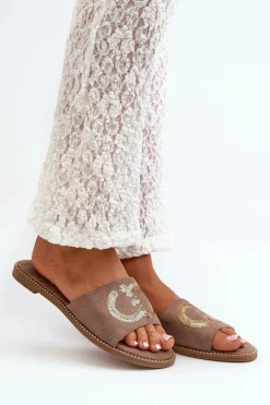 Damskie Damskie buty S.Barski Damskie Płaskie Klapki Z Cekinami S.Barski KV27-052 Brązowe