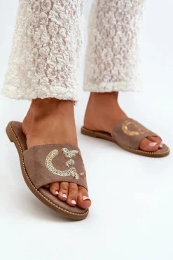 Damskie Damskie buty S.Barski Damskie Płaskie Klapki Z Cekinami S.Barski KV27-052 Brązowe