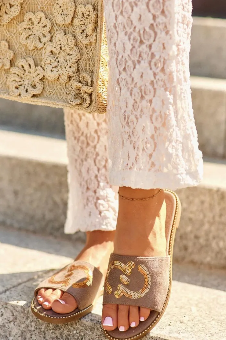 Damskie Damskie buty S.Barski Damskie Płaskie Klapki Z Cekinami S.Barski KV27-052 Brązowe