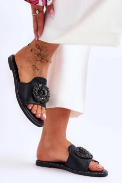 Outlet Damskie buty S.Barski Damskie Płaskie Klapki Z Ozdobami S.Barski KV-520-3 Czarne Czarny