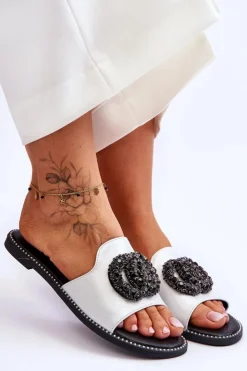 Damskie buty S.Barski Klapki Damskie Klasyczne*Damskie Płaskie Klapki Z Ozdobami S.Barski KV-520-3 Srebrne Srebrny