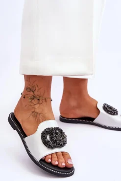 Damskie buty S.Barski Klapki Damskie Klasyczne*Damskie Płaskie Klapki Z Ozdobami S.Barski KV-520-3 Srebrne Srebrny