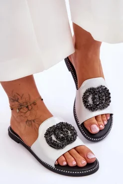 Damskie buty S.Barski Klapki Damskie Klasyczne*Damskie Płaskie Klapki Z Ozdobami S.Barski KV-520-3 Srebrne Srebrny