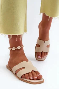 Discount Boto Damskie Płaskie Klapki Z Wycięciami Beżowe Fiviama