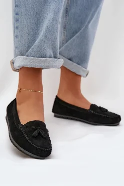 Clearance Damskie buty S.Barski Damskie Płaskie Klasyczne Zamszowe Mokasyny S.Barski LR51-548 Czarne Czarny