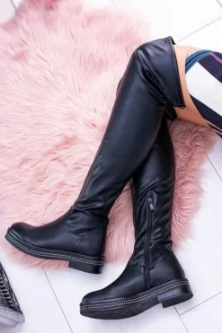 Boto Kozaki Wiosenne|Kozaki Płaskie*Damskie Płaskie Kozaki za Kolano Czarne Malata