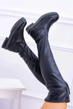 Boto Kozaki Wiosenne|Kozaki Płaskie*Damskie Płaskie Kozaki za Kolano Czarne Malata