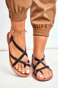 Discount Boto Damskie Płaskie Sandałki Rzemyk Czarny Laurence