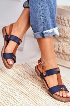 Evento Sandały Płaskie*Damskie Płaskie Sandały Granatowe Renna