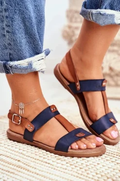 Evento Sandały Płaskie*Damskie Płaskie Sandały Granatowe Renna