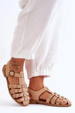 Damskie Boto Damskie Płaskie Sandały Z Cyrkoniami Beżowe Ascot