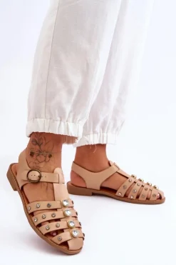 Damskie Boto Damskie Płaskie Sandały Z Cyrkoniami Beżowe Ascot