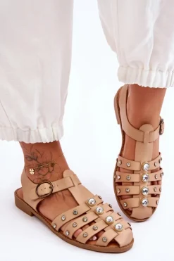 Damskie Boto Damskie Płaskie Sandały Z Cyrkoniami Beżowe Ascot