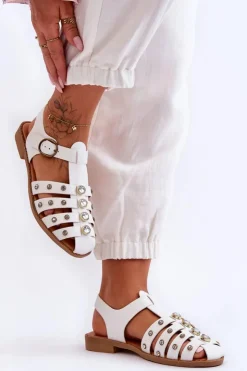 New Boto Damskie Płaskie Sandały Z Cyrkoniami Białe Ascot