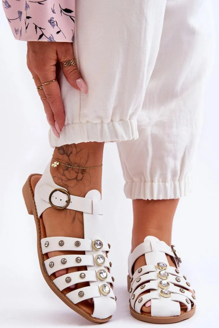 New Boto Damskie Płaskie Sandały Z Cyrkoniami Białe Ascot