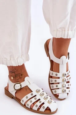 New Boto Damskie Płaskie Sandały Z Cyrkoniami Białe Ascot