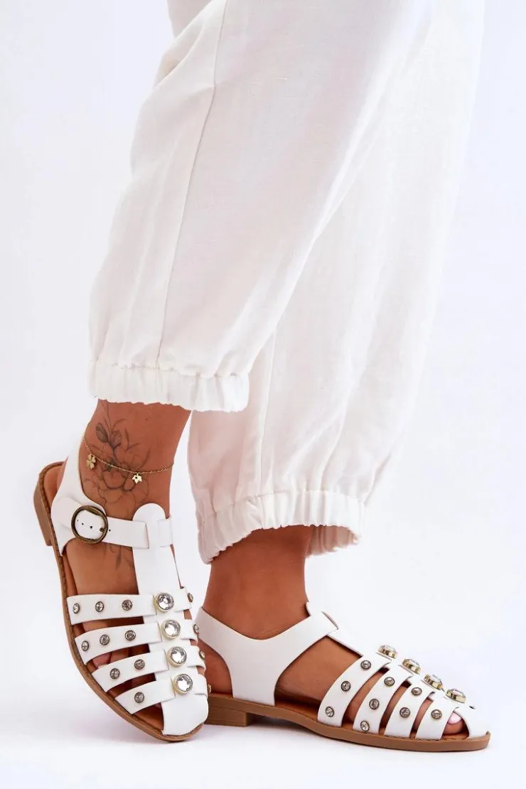 New Boto Damskie Płaskie Sandały Z Cyrkoniami Białe Ascot