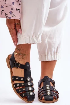 Damskie Boto Damskie Płaskie Sandały Z Cyrkoniami Czarne Ascot