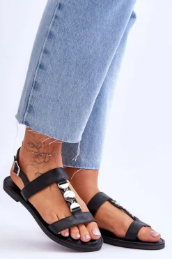 Damskie Boto Damskie Płaskie Sandały Z Ozdobnym Paskiem Czarne Berry