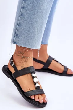 Damskie Boto Damskie Płaskie Sandały Z Ozdobnym Paskiem Czarne Berry