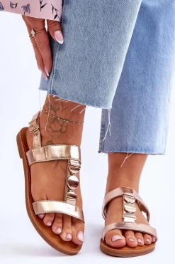 Boto Sandały Płaskie*Damskie Płaskie Sandały Z Ozdobnym Paskiem Złote Berry