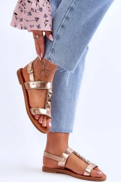 Boto Sandały Płaskie*Damskie Płaskie Sandały Z Ozdobnym Paskiem Złote Berry