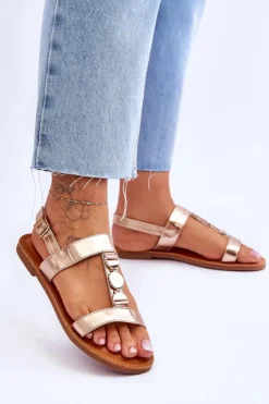 Boto Sandały Płaskie*Damskie Płaskie Sandały Z Ozdobnym Paskiem Złote Berry