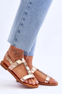 Boto Sandały Płaskie*Damskie Płaskie Sandały Z Ozdobnym Paskiem Złote Berry