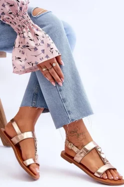 Boto Sandały Płaskie*Damskie Płaskie Sandały Z Ozdobnym Paskiem Złote Berry