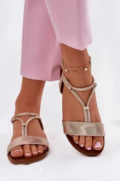 Damskie buty S.Barski Sandały Płaskie*Damskie Płaskie Sandały Z Paskami S.Barski KV51-120 Różowe Złoto Złoty