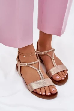 Damskie buty S.Barski Sandały Płaskie*Damskie Płaskie Sandały Z Paskami S.Barski KV51-120 Różowe Złoto Złoty