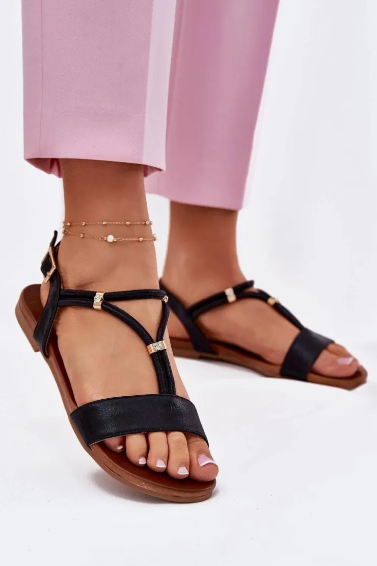 Damskie buty S.Barski Sandały Płaskie*Damskie Płaskie Sandały Z Paskami S.Barski KV51-120 Czarne Czarny