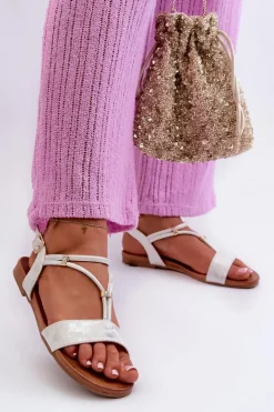 Sale Damskie buty S.Barski Damskie Płaskie Sandały Z Paskami S.Barski KV27-010 Biało-Srebrne