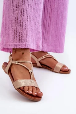 Damskie Damskie buty S.Barski Damskie Płaskie Sandały Z Paskami S.Barski KV27-010 Beżowo-Złote