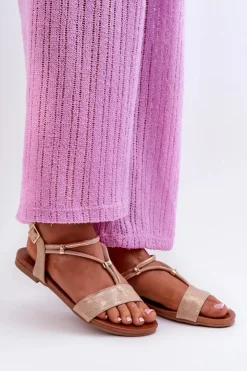 Damskie Damskie buty S.Barski Damskie Płaskie Sandały Z Paskami S.Barski KV27-010 Beżowo-Złote