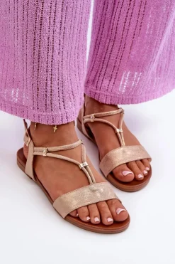 Damskie Damskie buty S.Barski Damskie Płaskie Sandały Z Paskami S.Barski KV27-010 Beżowo-Złote