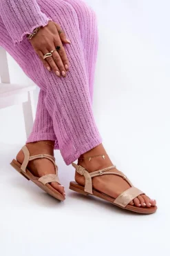 Damskie Damskie buty S.Barski Damskie Płaskie Sandały Z Paskami S.Barski KV27-010 Beżowo-Złote