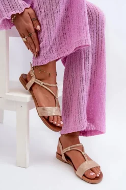 Damskie Damskie buty S.Barski Damskie Płaskie Sandały Z Paskami S.Barski KV27-010 Beżowo-Złote