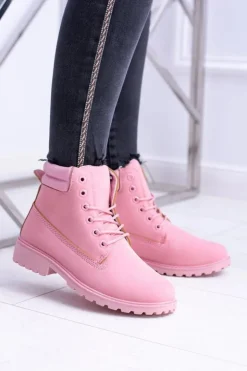 Damskie Boto Damskie Pastelowe Botki Timberki Pudrowy Róż Lucy