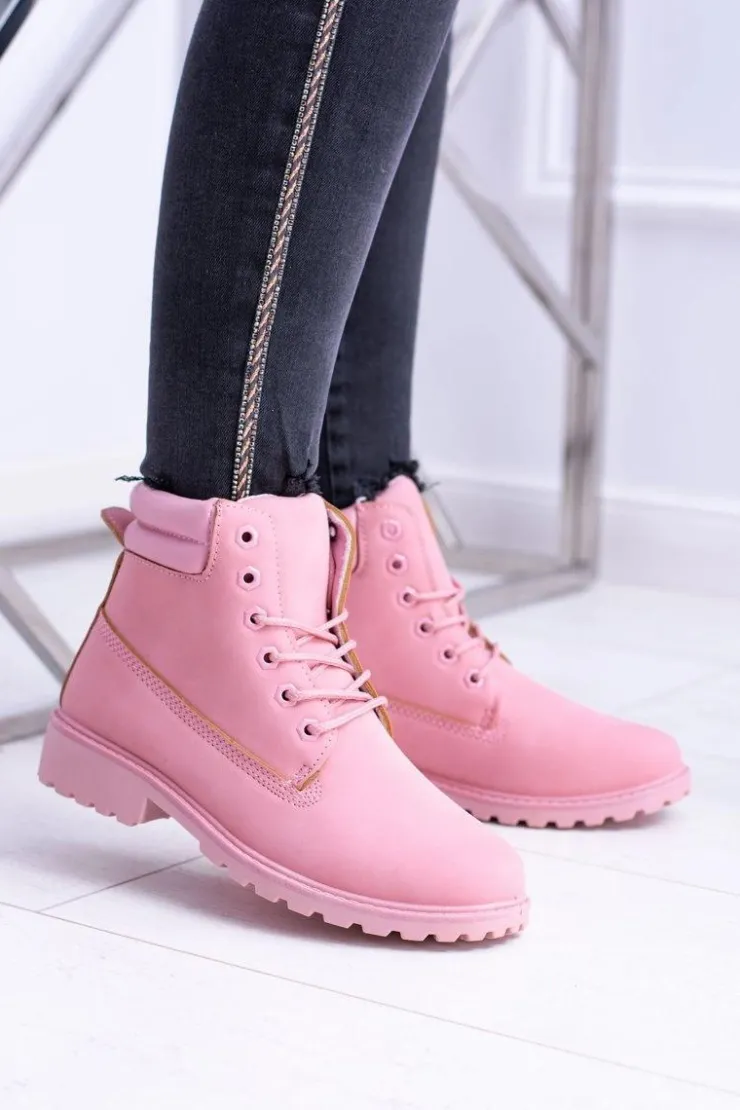 Damskie Boto Damskie Pastelowe Botki Timberki Pudrowy Róż Lucy