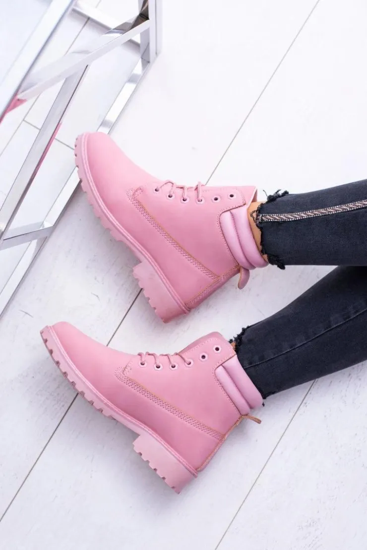 Damskie Boto Damskie Pastelowe Botki Timberki Pudrowy Róż Lucy