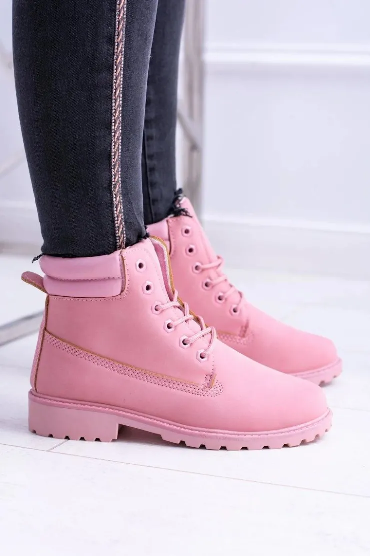 Damskie Boto Damskie Pastelowe Botki Timberki Pudrowy Róż Lucy