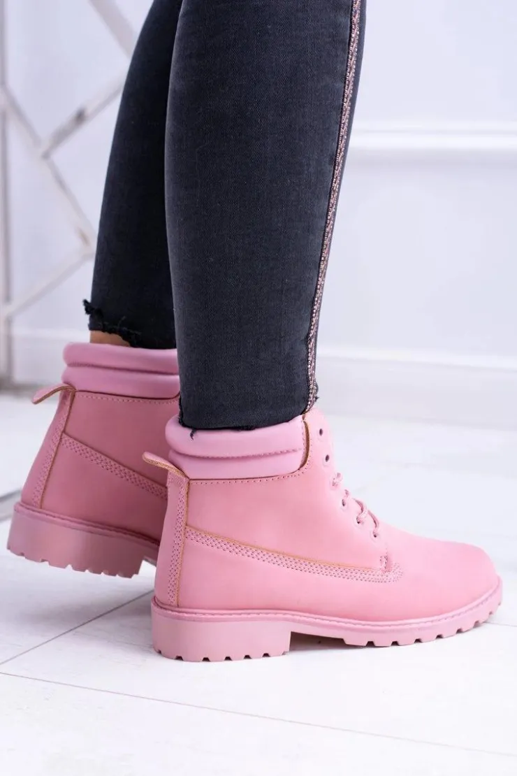 Damskie Boto Damskie Pastelowe Botki Timberki Pudrowy Róż Lucy